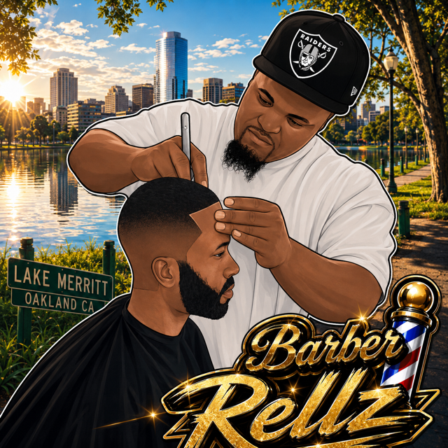 Barber Rellz cutting hair at Lake Merritt, Oakland